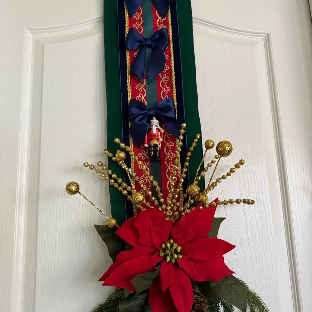 Festive over the door sided double hang holiday door decor wreath military style